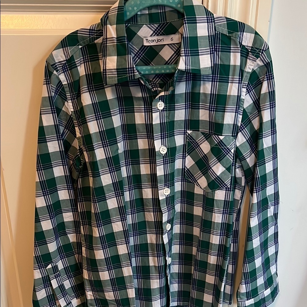 Kids Green and White Plaid Button-Down Shirt